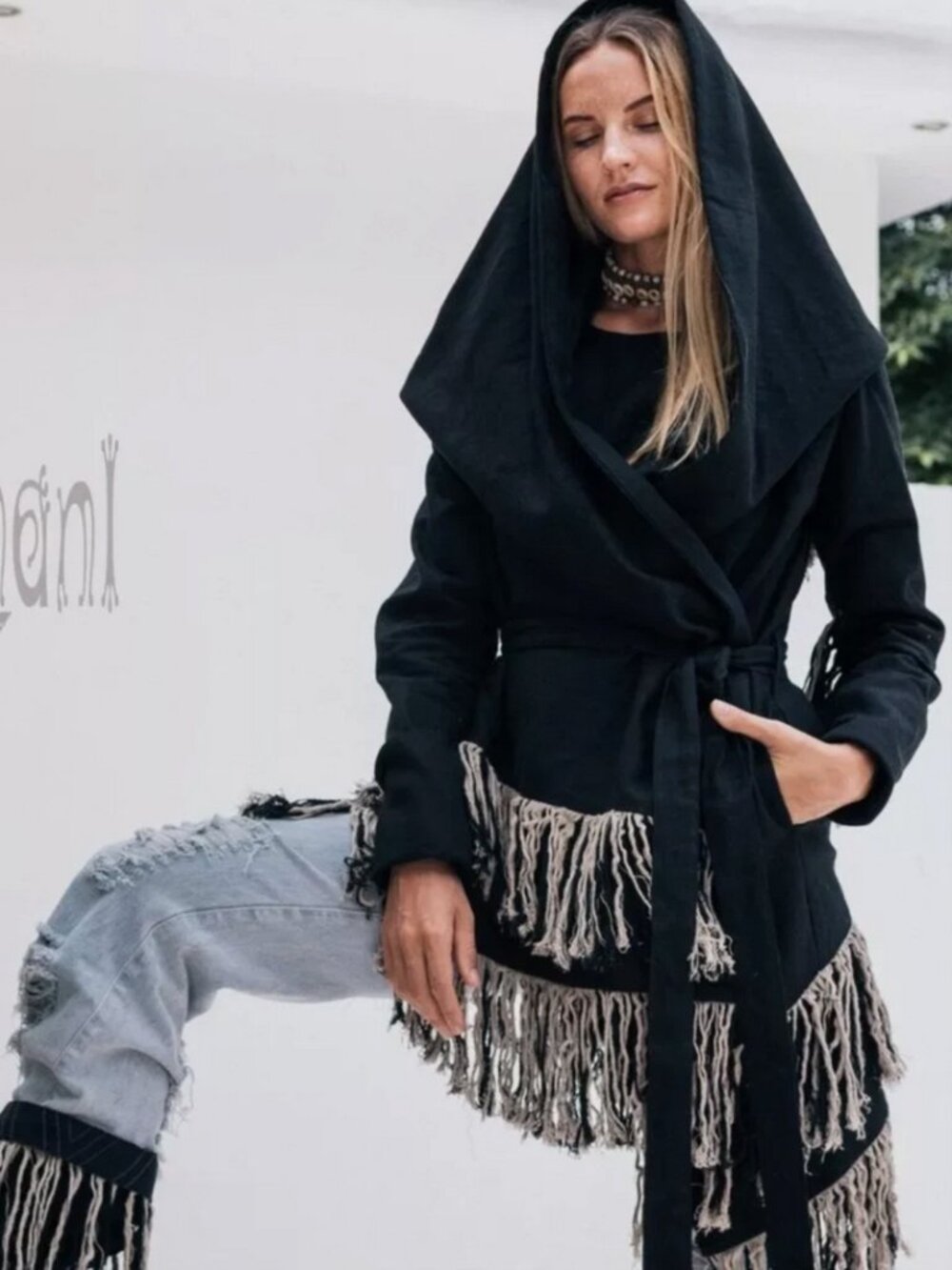 Chintamani Alchemistry Linen Silk Hooded Shaman Sweater Black Tassle Robe Duster